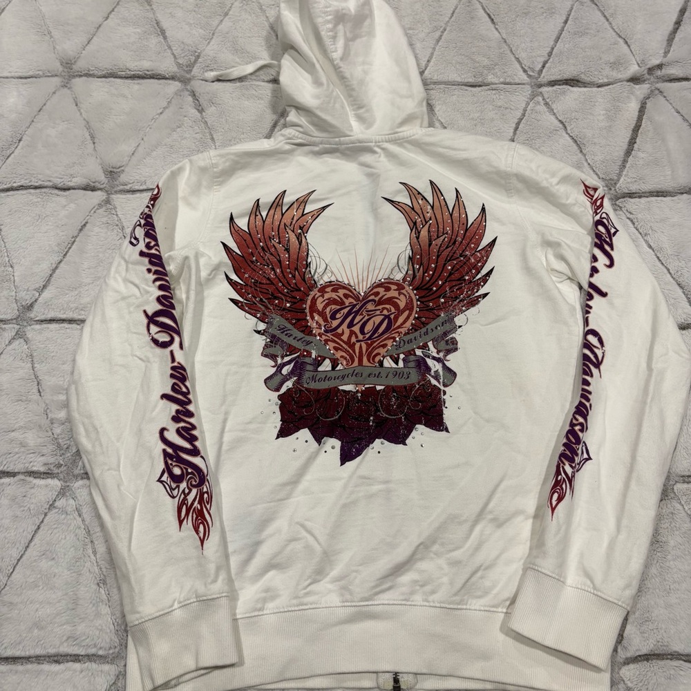 Harley Davidson Full Zip Hoodie Women's Medium White Pink Rhinestone Grunge Y2K